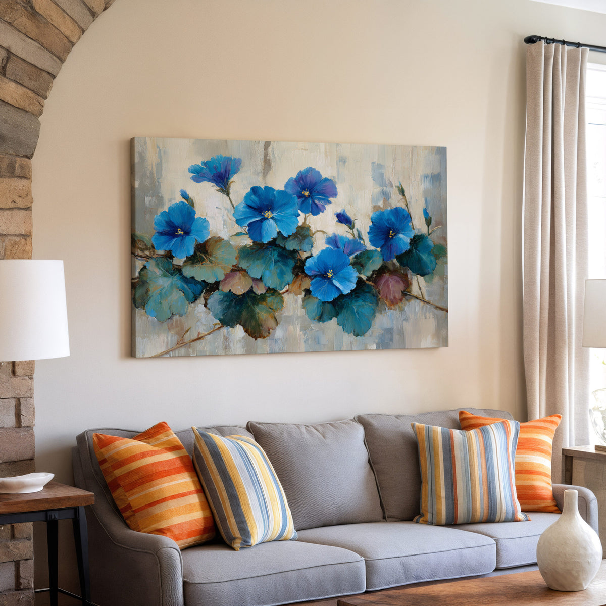Blue Floral Canvas Wall Art – styled room view 6
