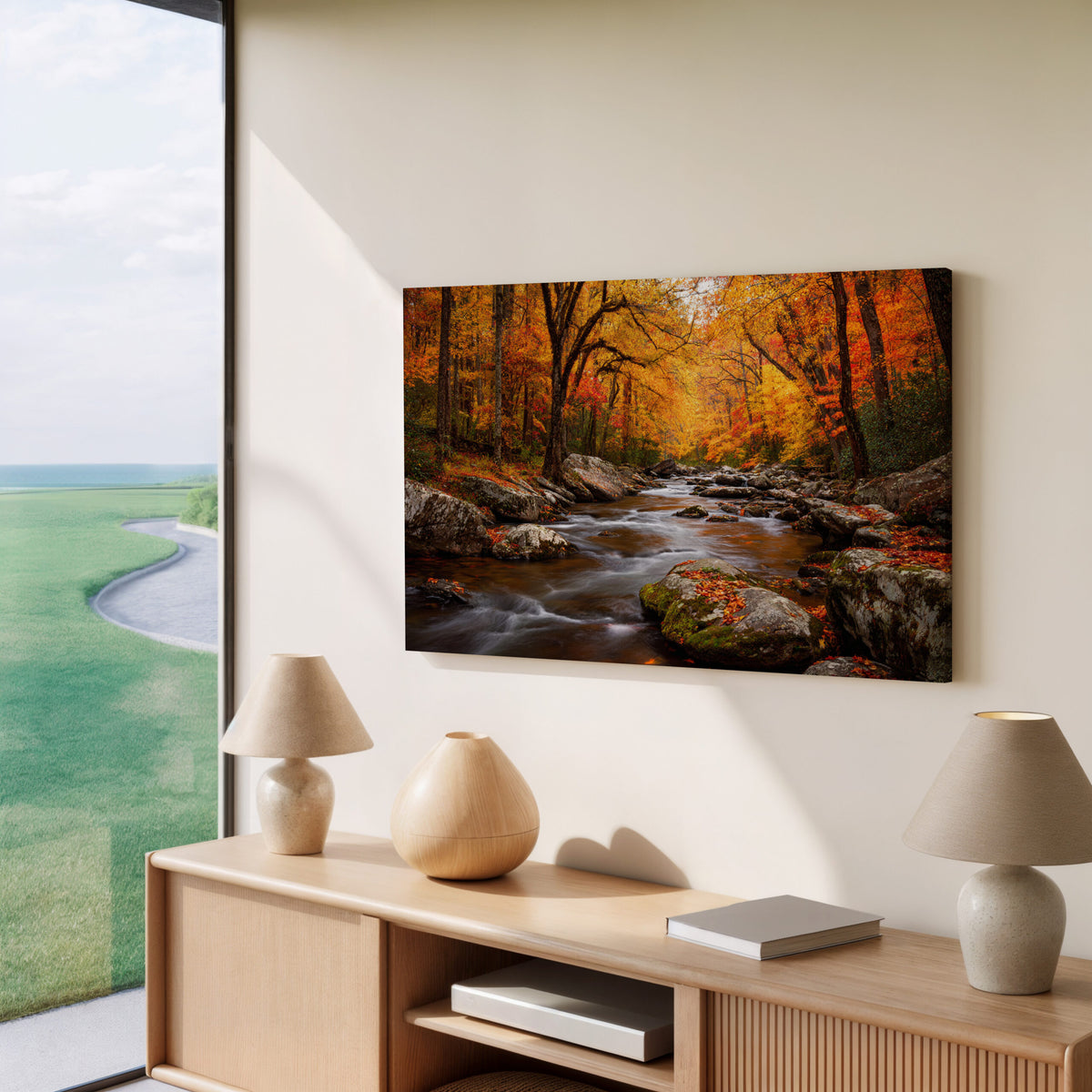 Autumn Forest Stream Canvas Wall Art – styled room view 6