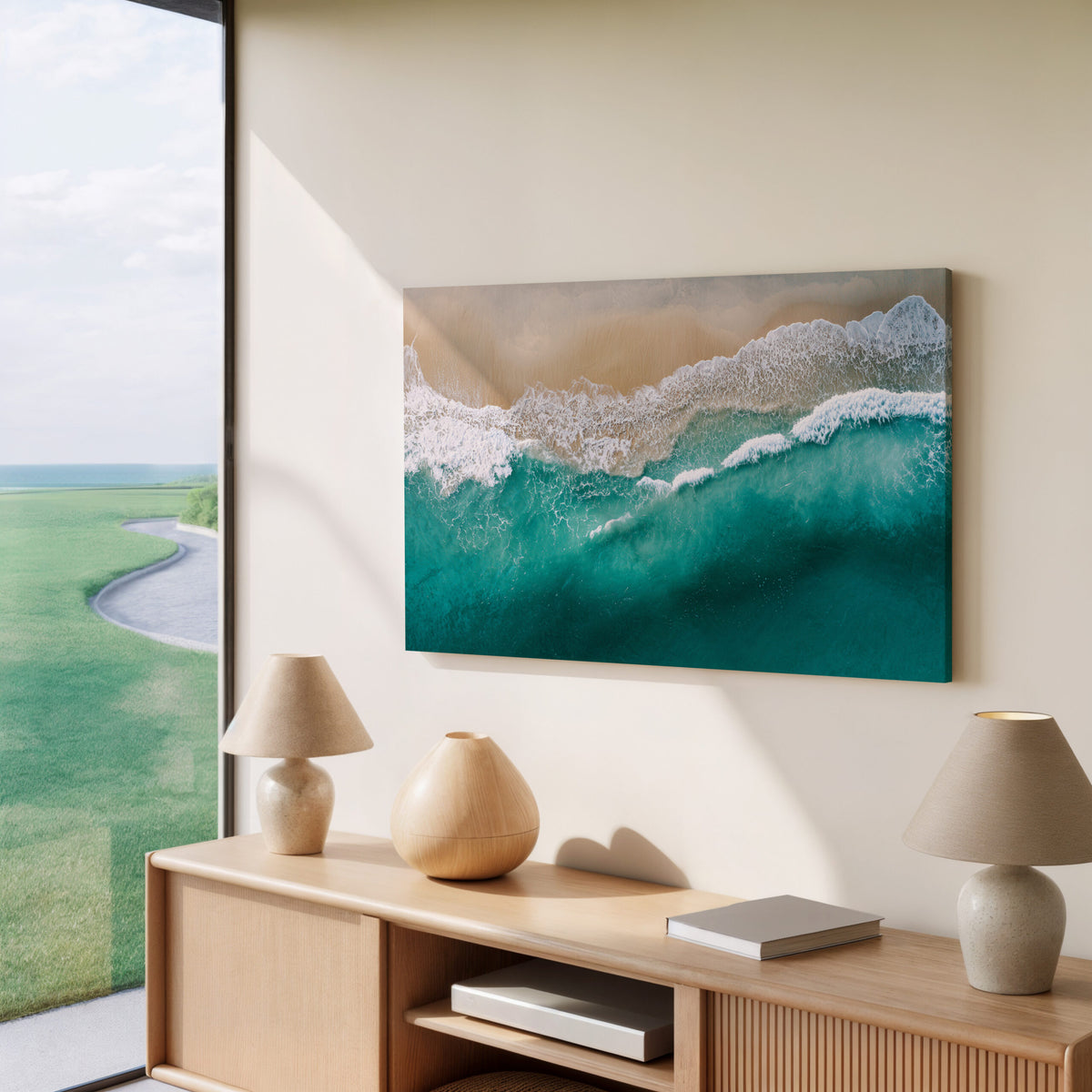 Aerial Ocean Waves Canvas Wall Art – styled room view 7
