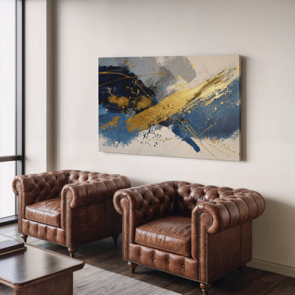 Abstract Gold Blue Canvas Wall Art – styled room view 6