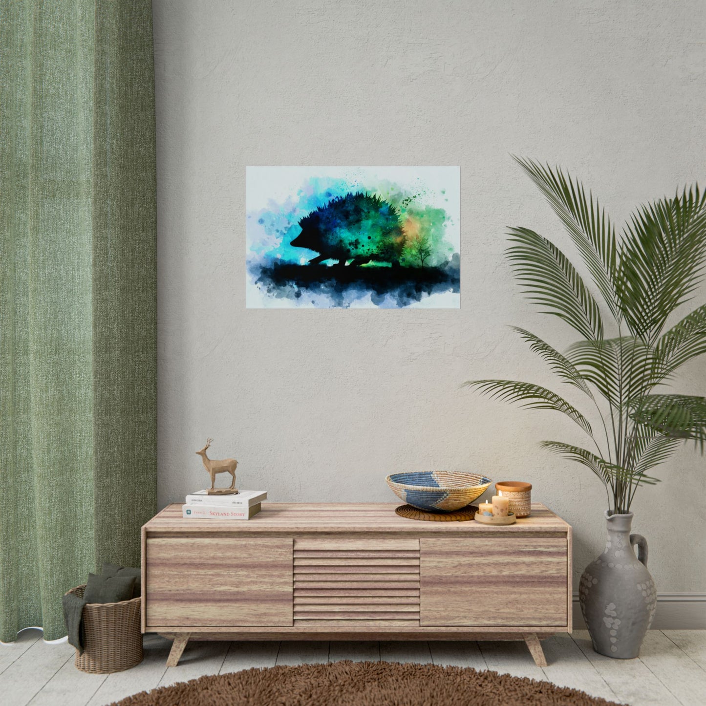 Hedgehog Silhouette Watercolor Art | Nature-Inspired Home Decor