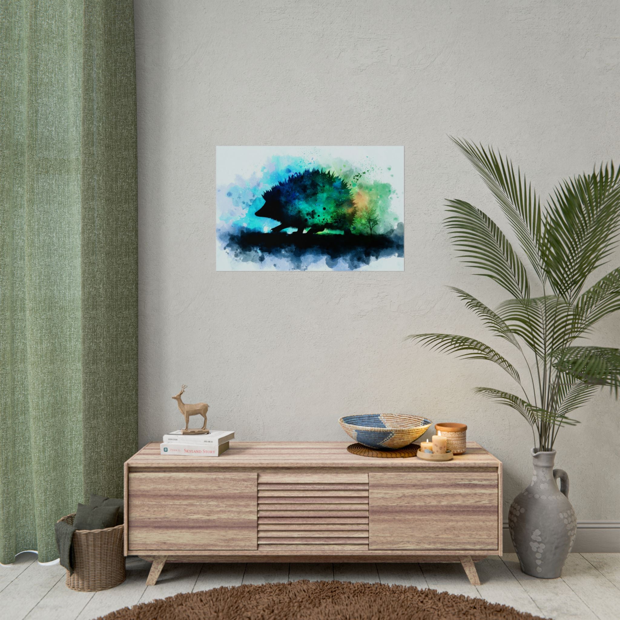 Hedgehog Silhouette Watercolor Art | Nature-Inspired Home Decor
