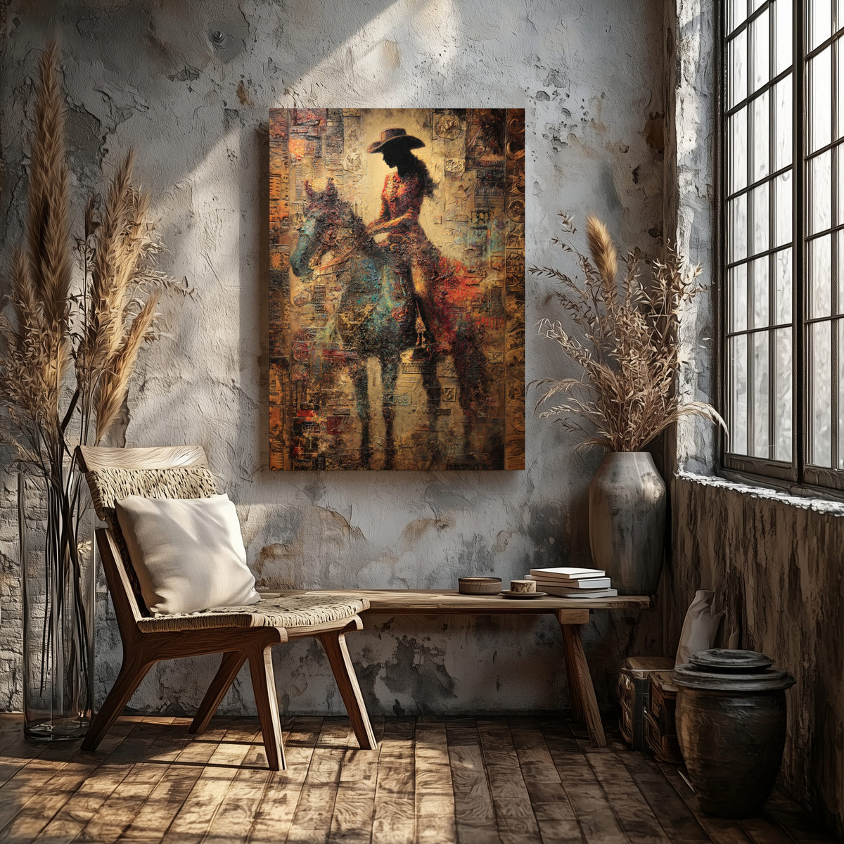 Western Cowgirl Abstract Canvas Wall Art – styled room view 5