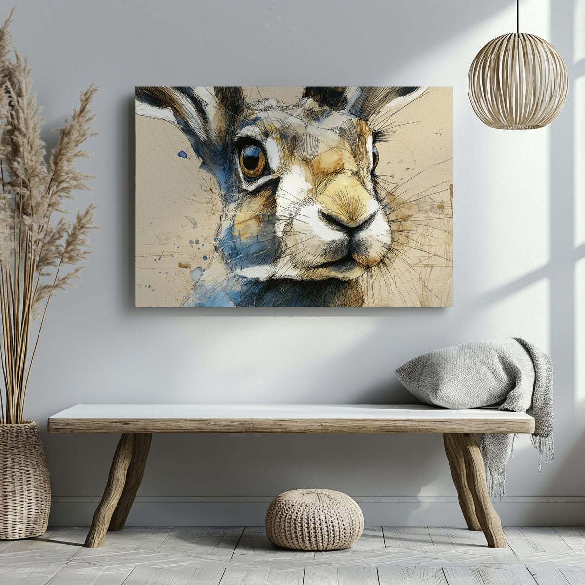 Watercolor Rabbit Portrait Canvas Print – styled room view 6