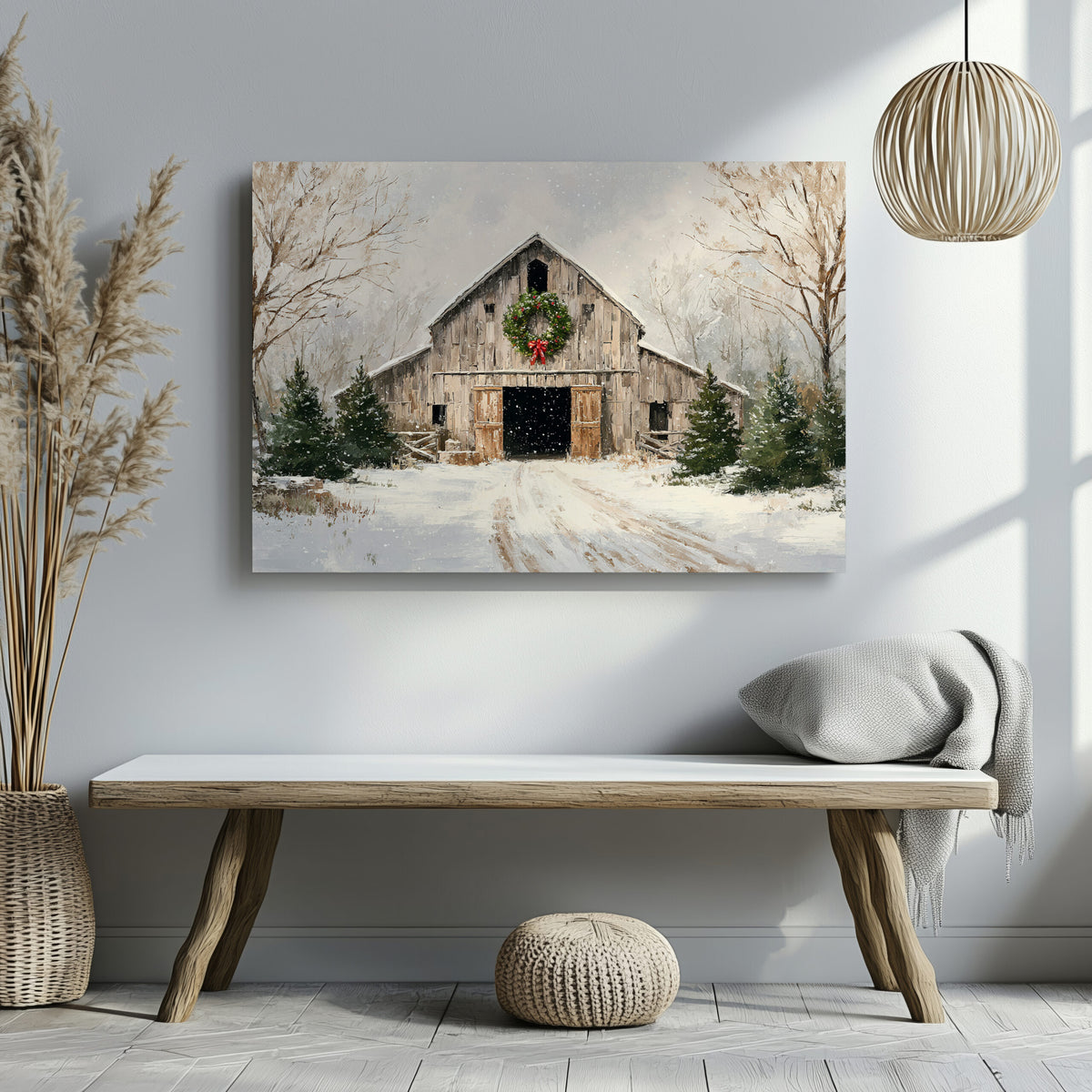 Christmas Barn Canvas Wall Art – styled room view 6