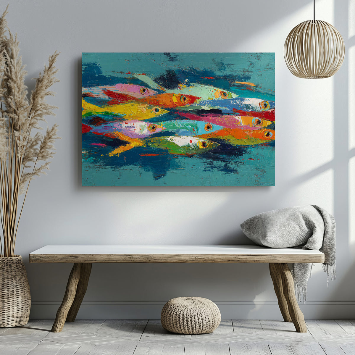 Abstract Fish School Canvas Art – styled room view 6