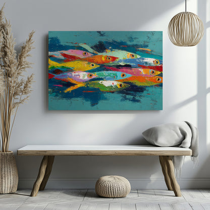 Abstract Fish School Canvas Art – styled room view 6
