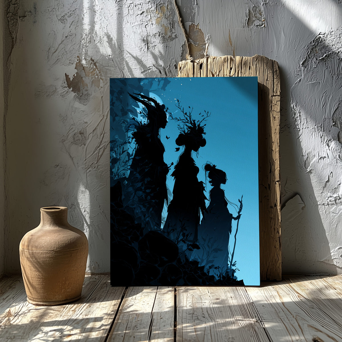 The Fates Silhouette Canvas Art – styled room view 5