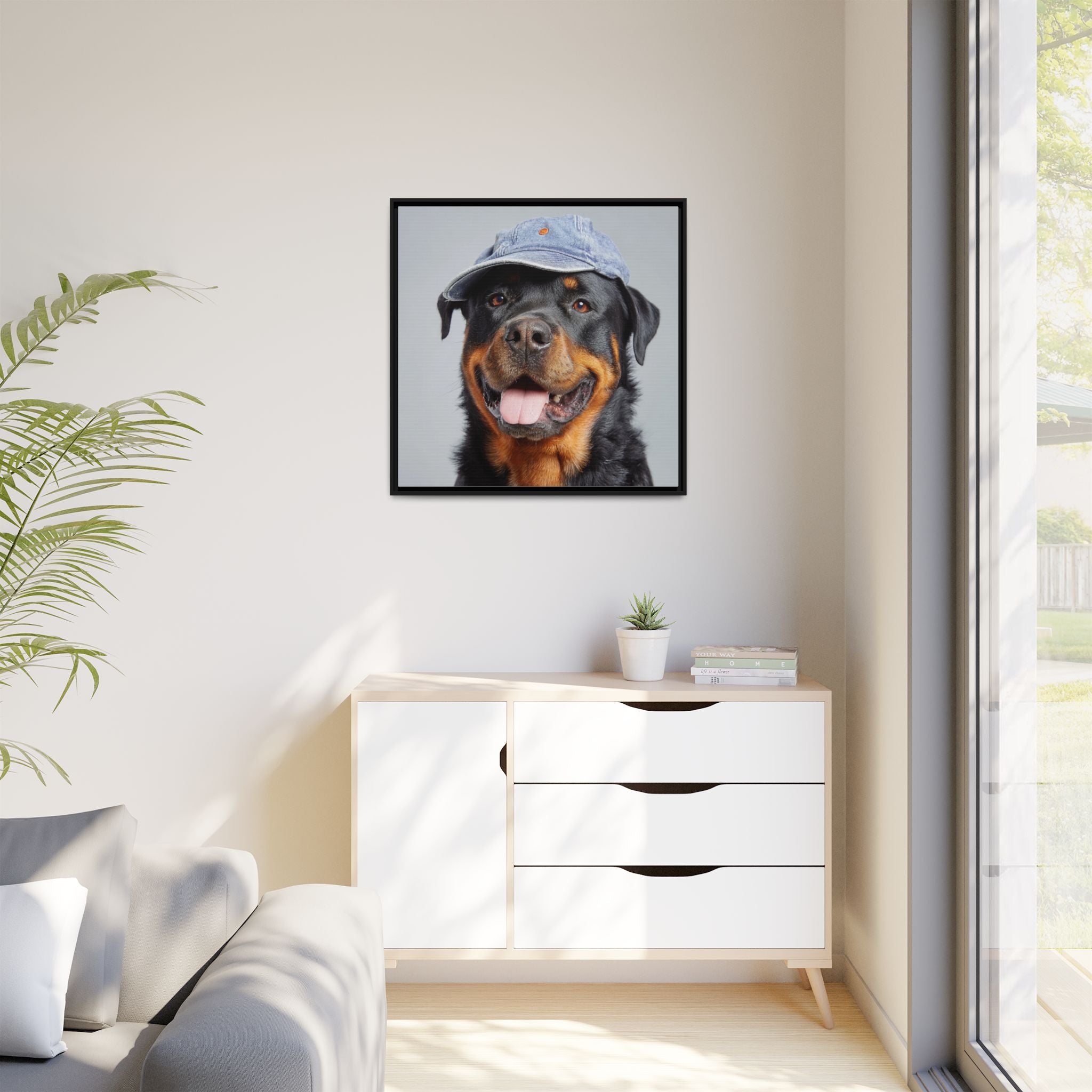 Playful Rottweiler Portrait | Dog Art in Denim Cap