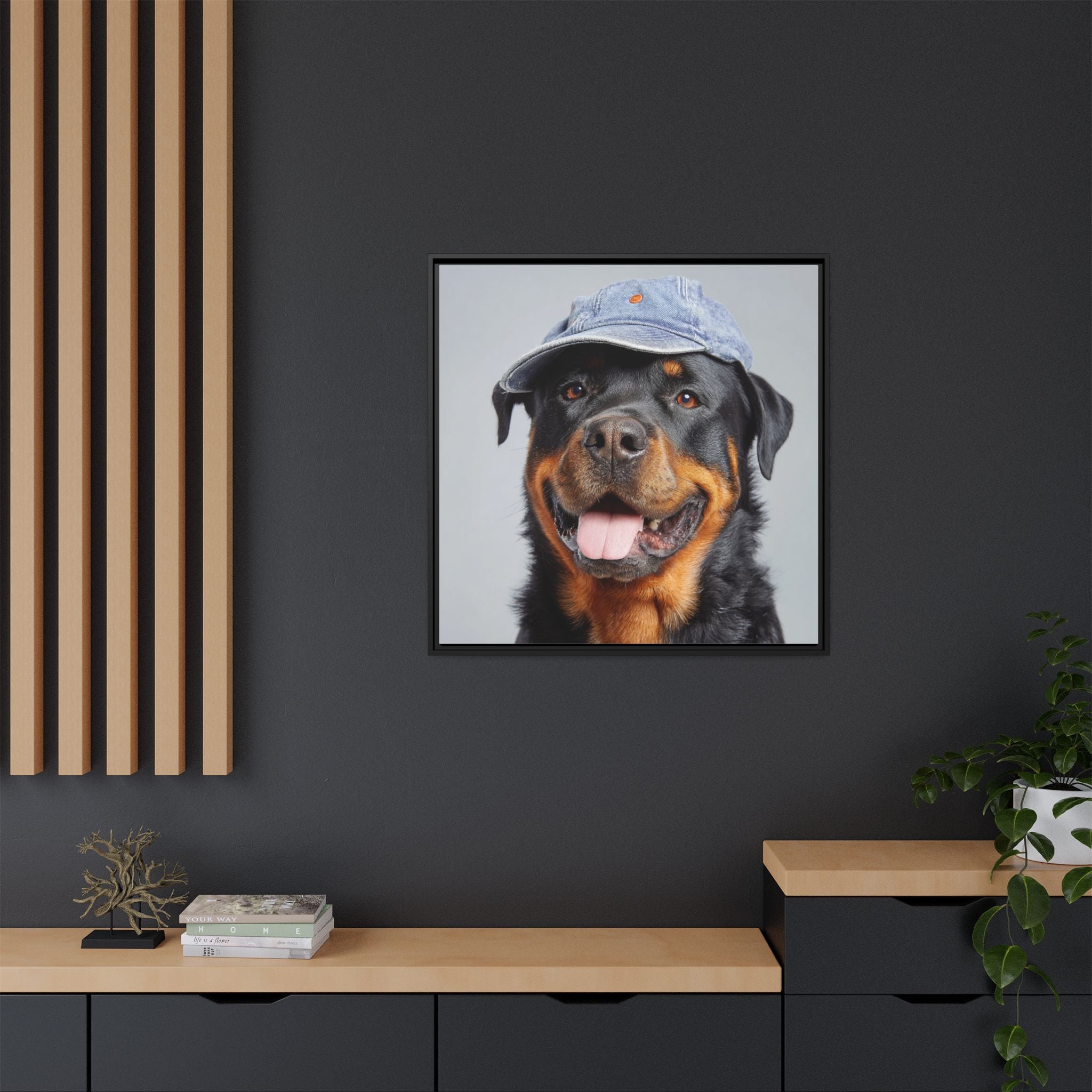 Whimsical Rottweiler Art - Denim Hat Dog Portrait
