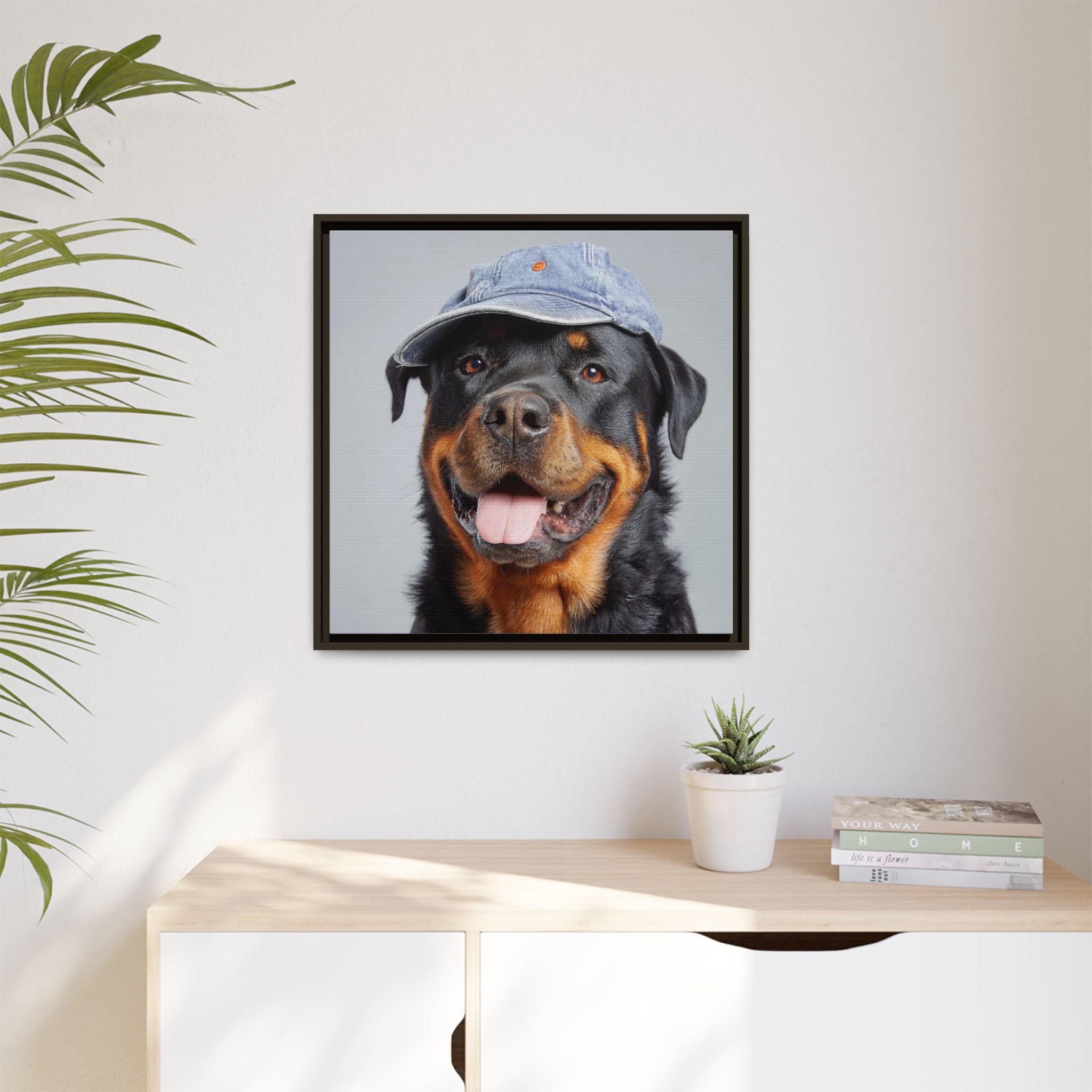 Whimsical Rottweiler Art - Denim Hat Dog Portrait