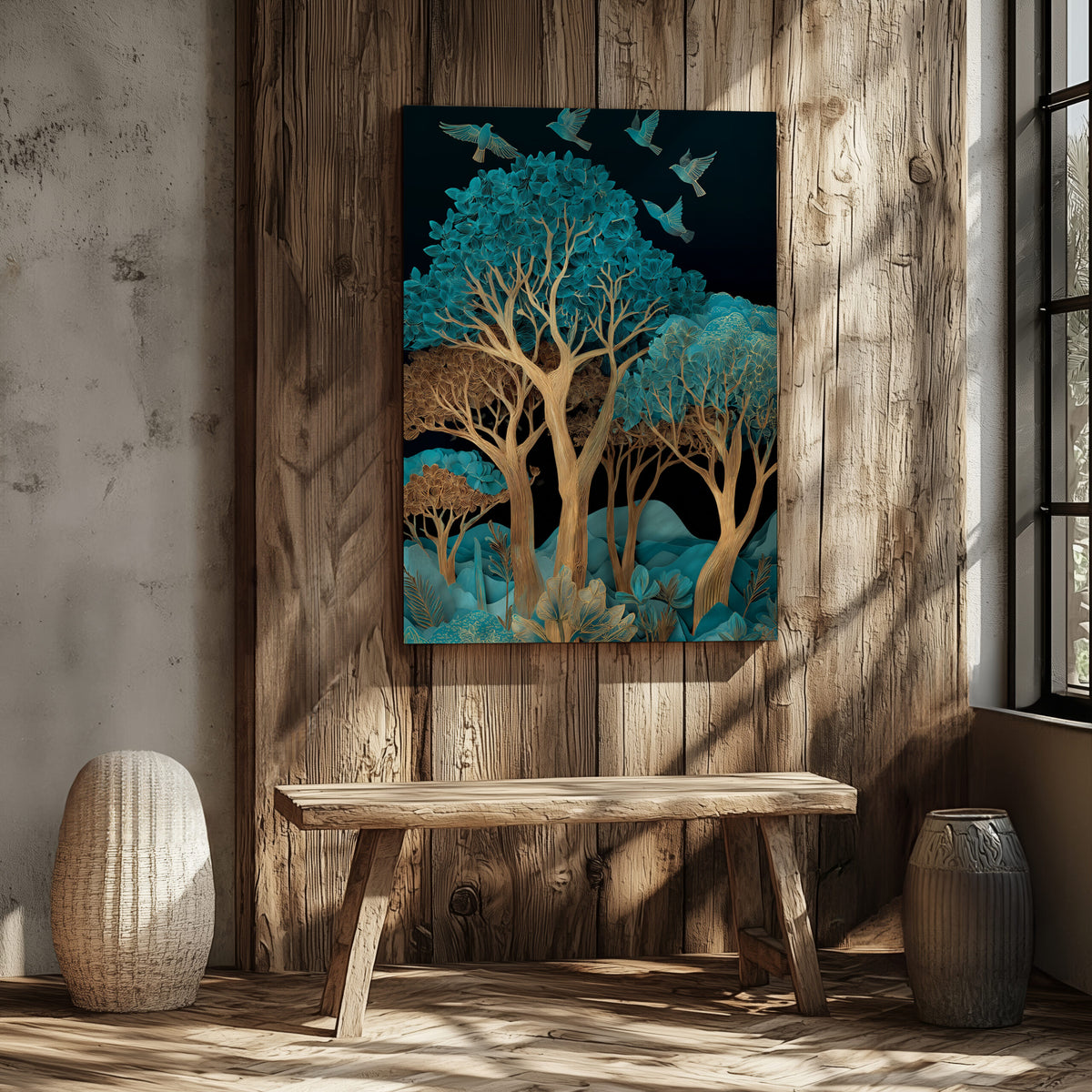 Turquoise Paper Cut Art Canvas Print – styled room view 5