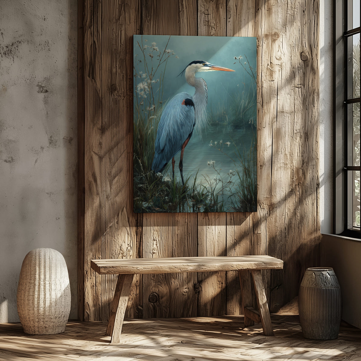 Great Blue Heron Canvas Print – styled room view 5