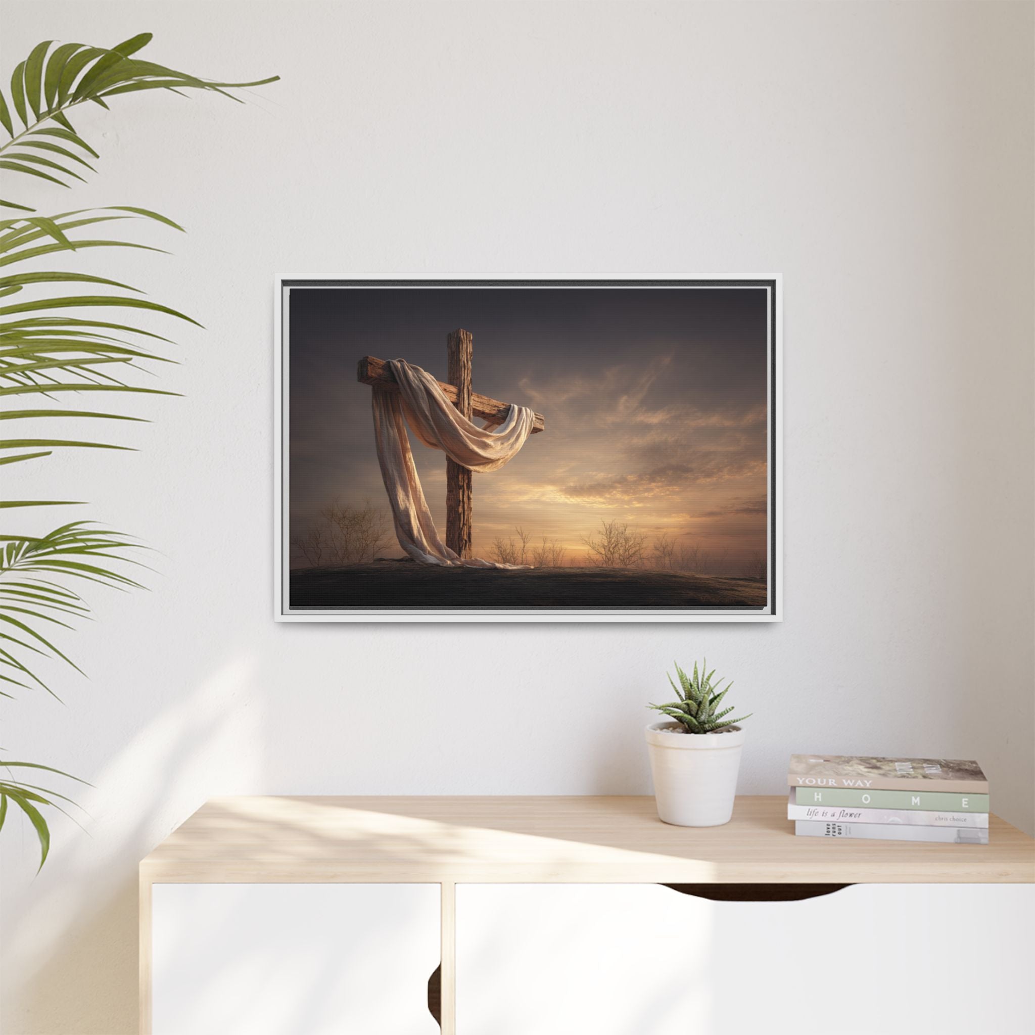 Rustic Cross Wall Art with Draped Fabric | Inspirational Decor