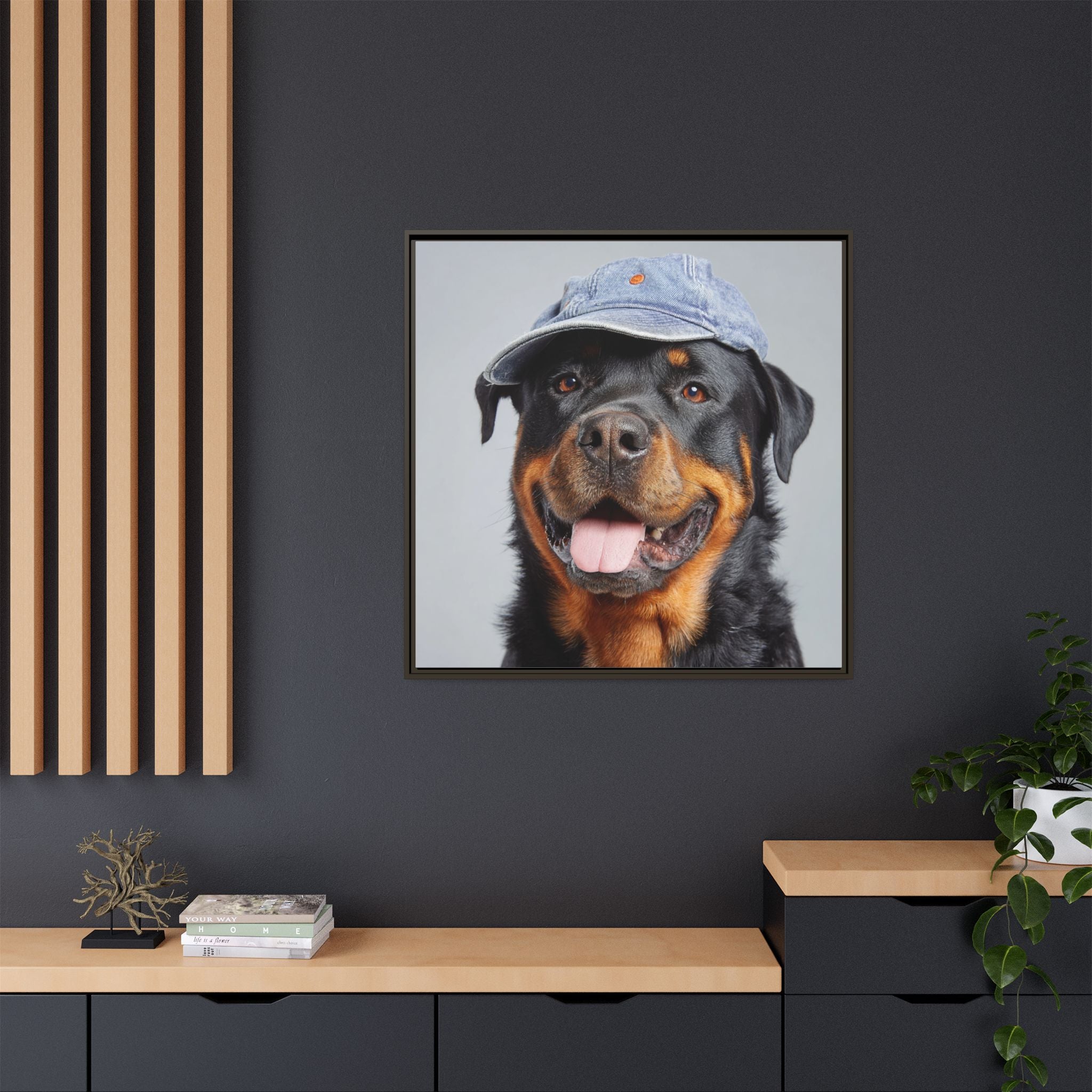 Whimsical Rottweiler Art - Denim Hat Dog Portrait