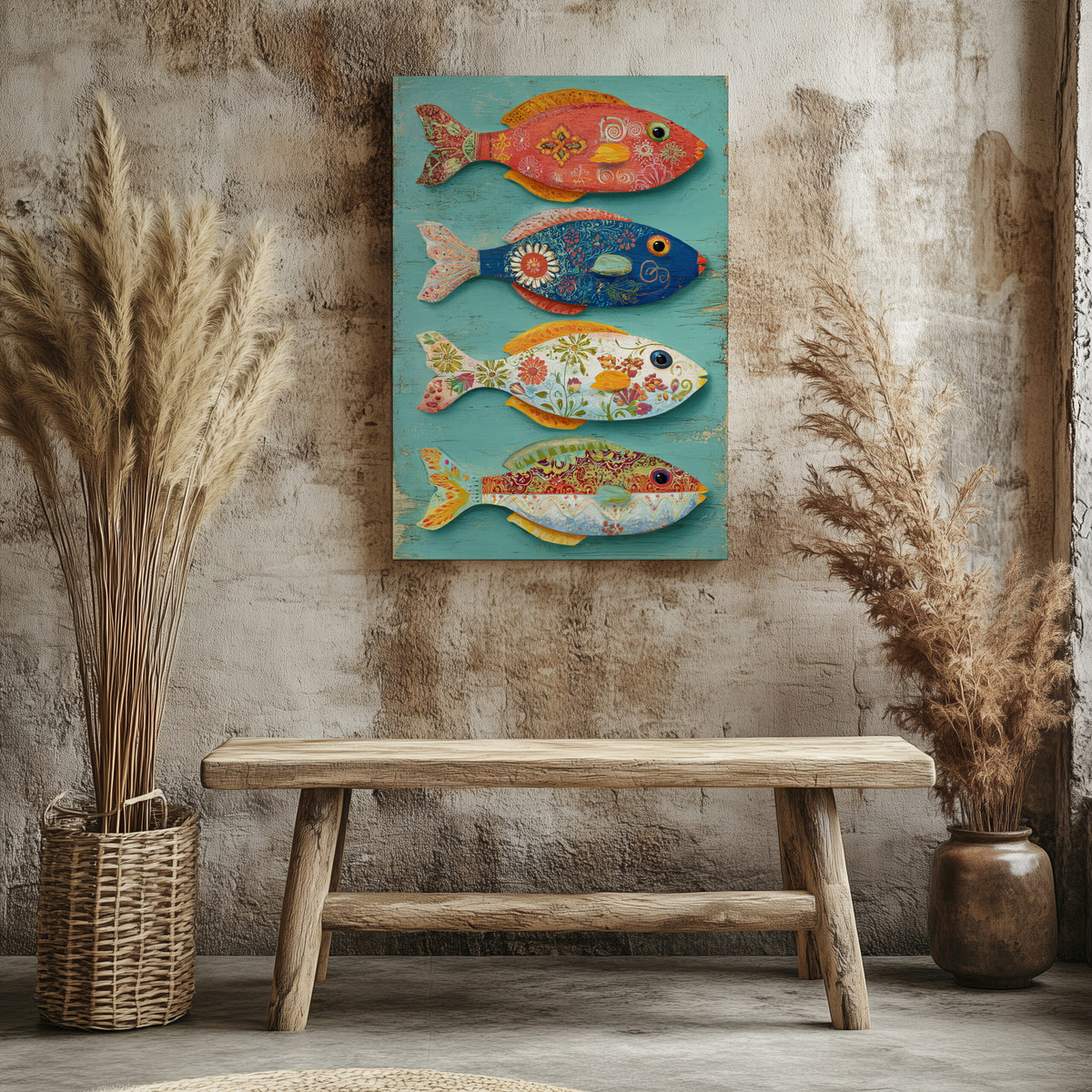 Colorful Folk Art Fish Wall Print – styled room view 5