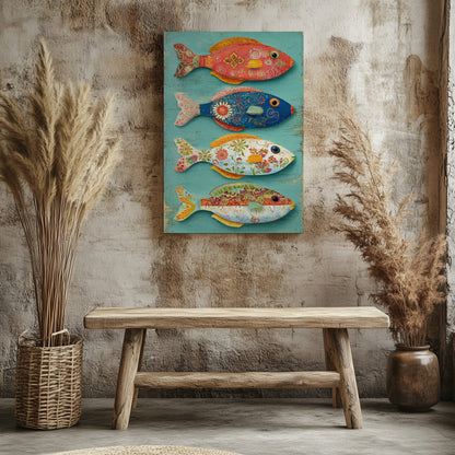 Colorful Folk Art Fish Wall Print – styled room view 5