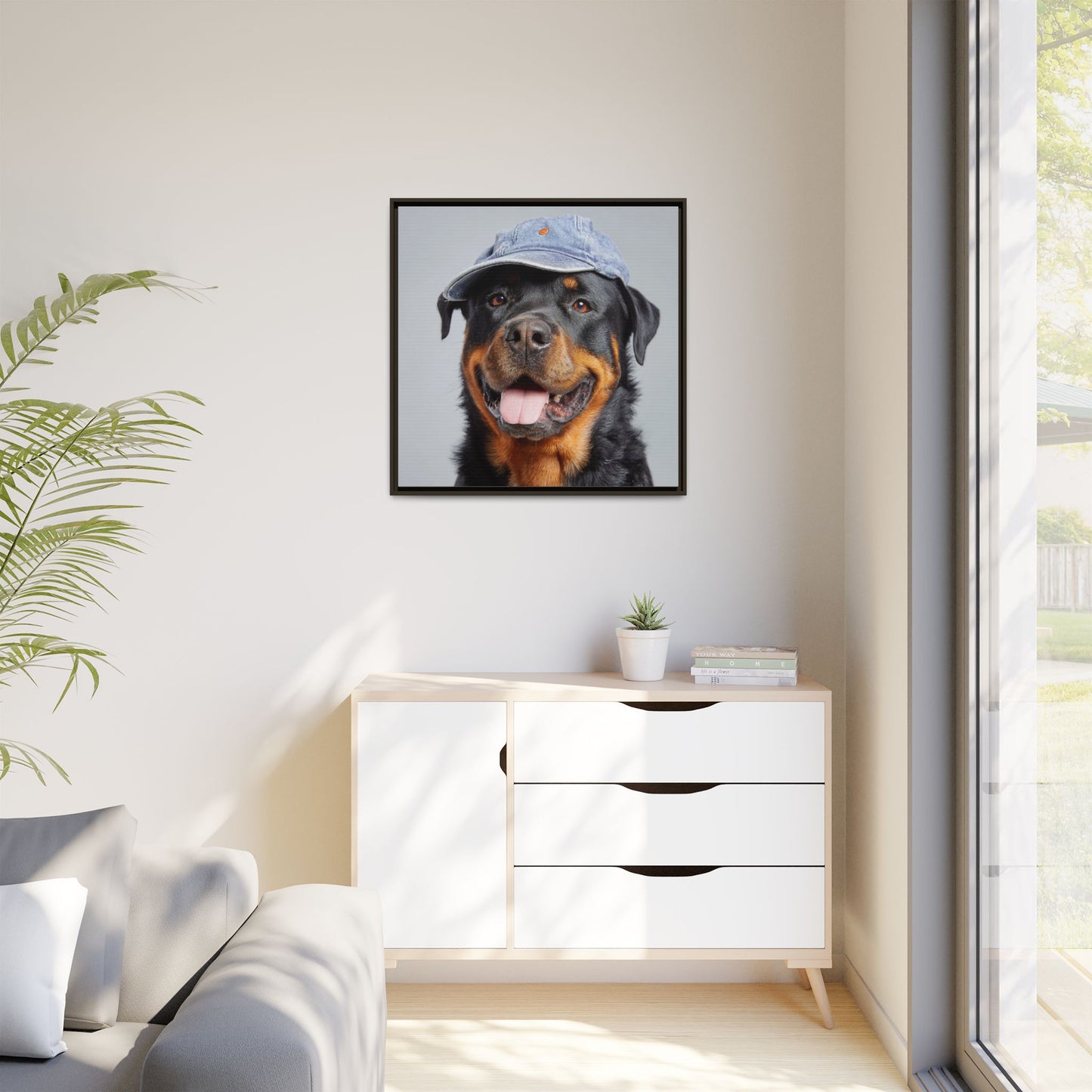 Whimsical Rottweiler Art - Denim Hat Dog Portrait