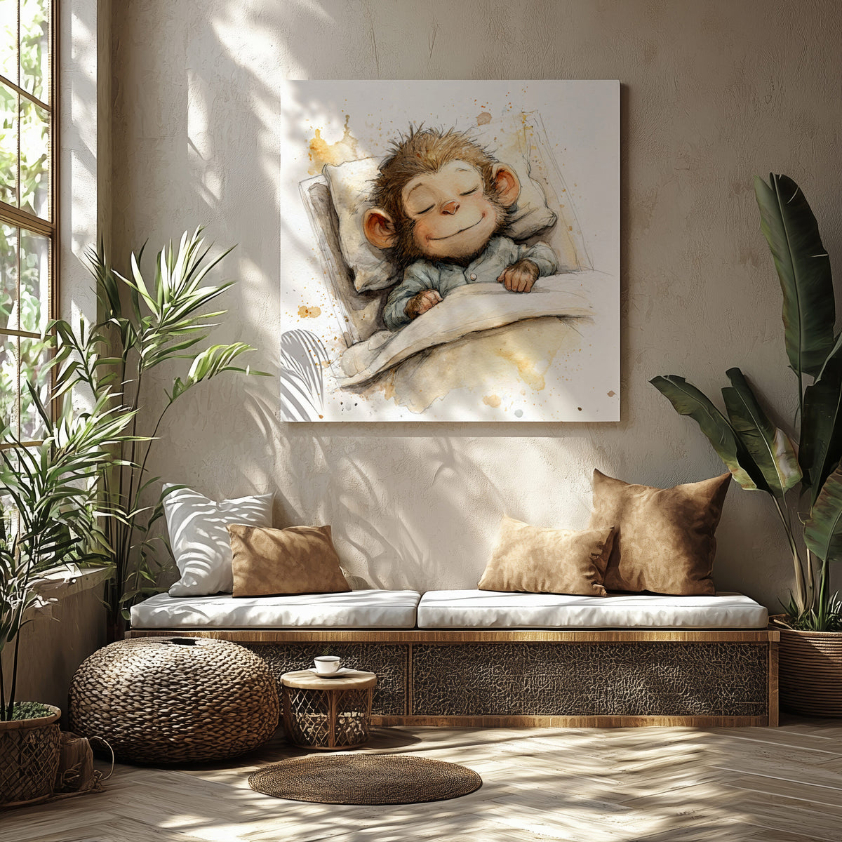Sleeping Monkey Watercolor Print – styled room view 7