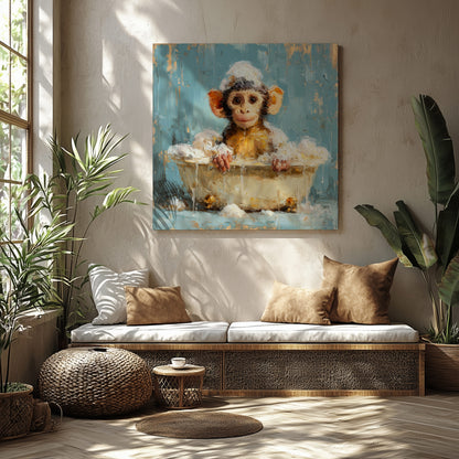 Young Monkey Bathtub Print – styled room view 6