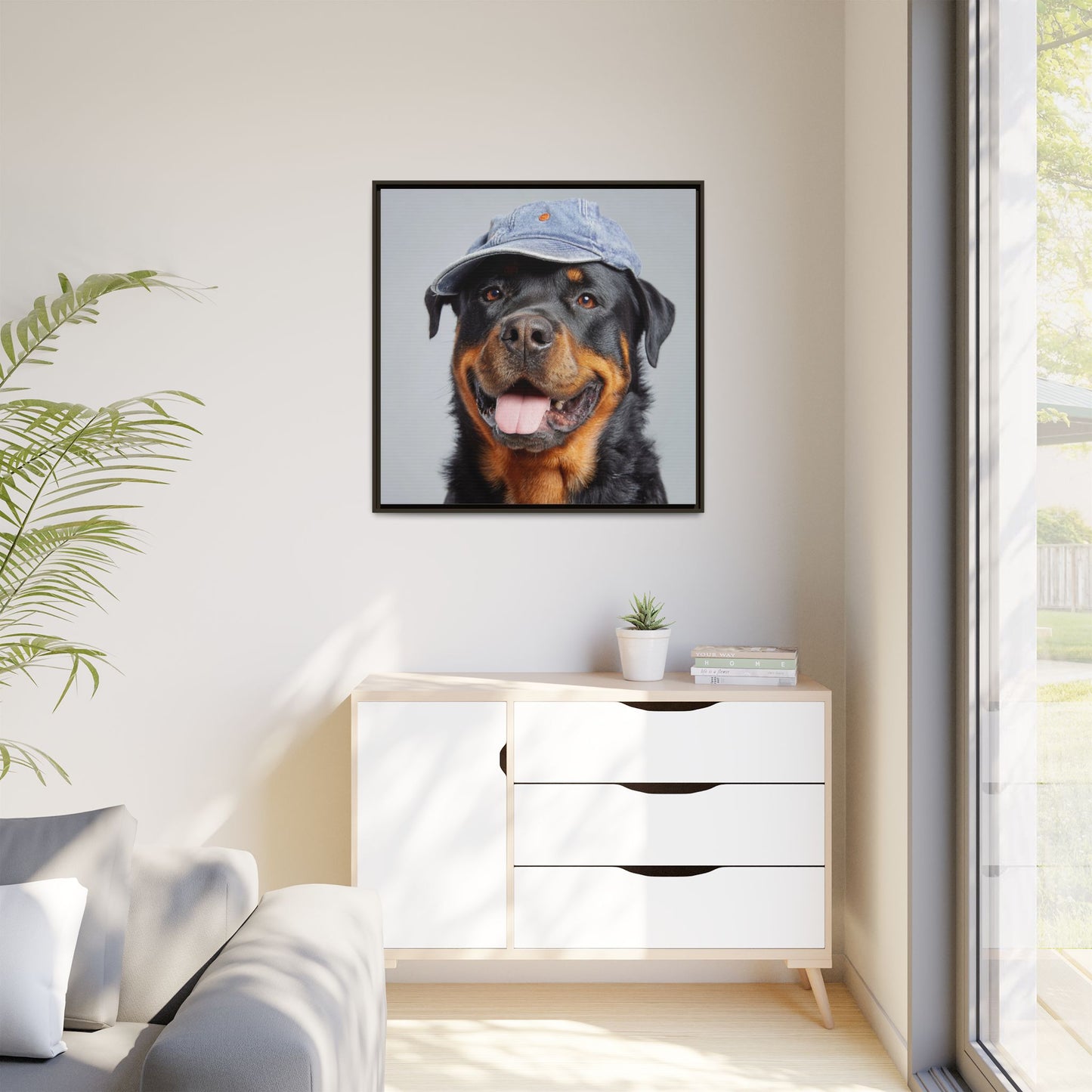 Playful Rottweiler Portrait | Dog Art in Denim Cap