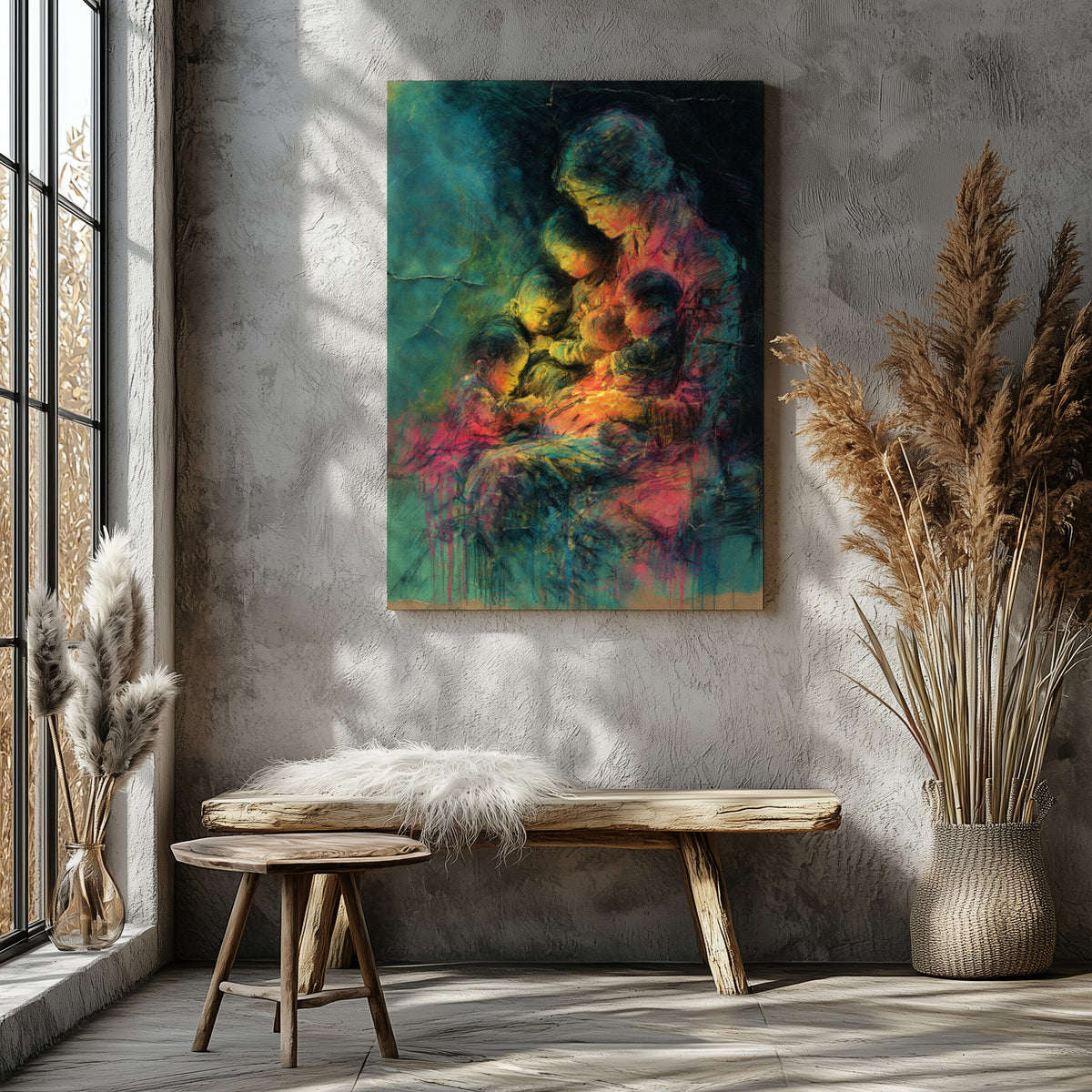 Mother &amp; Children Abstract Canvas Art – styled room view 5