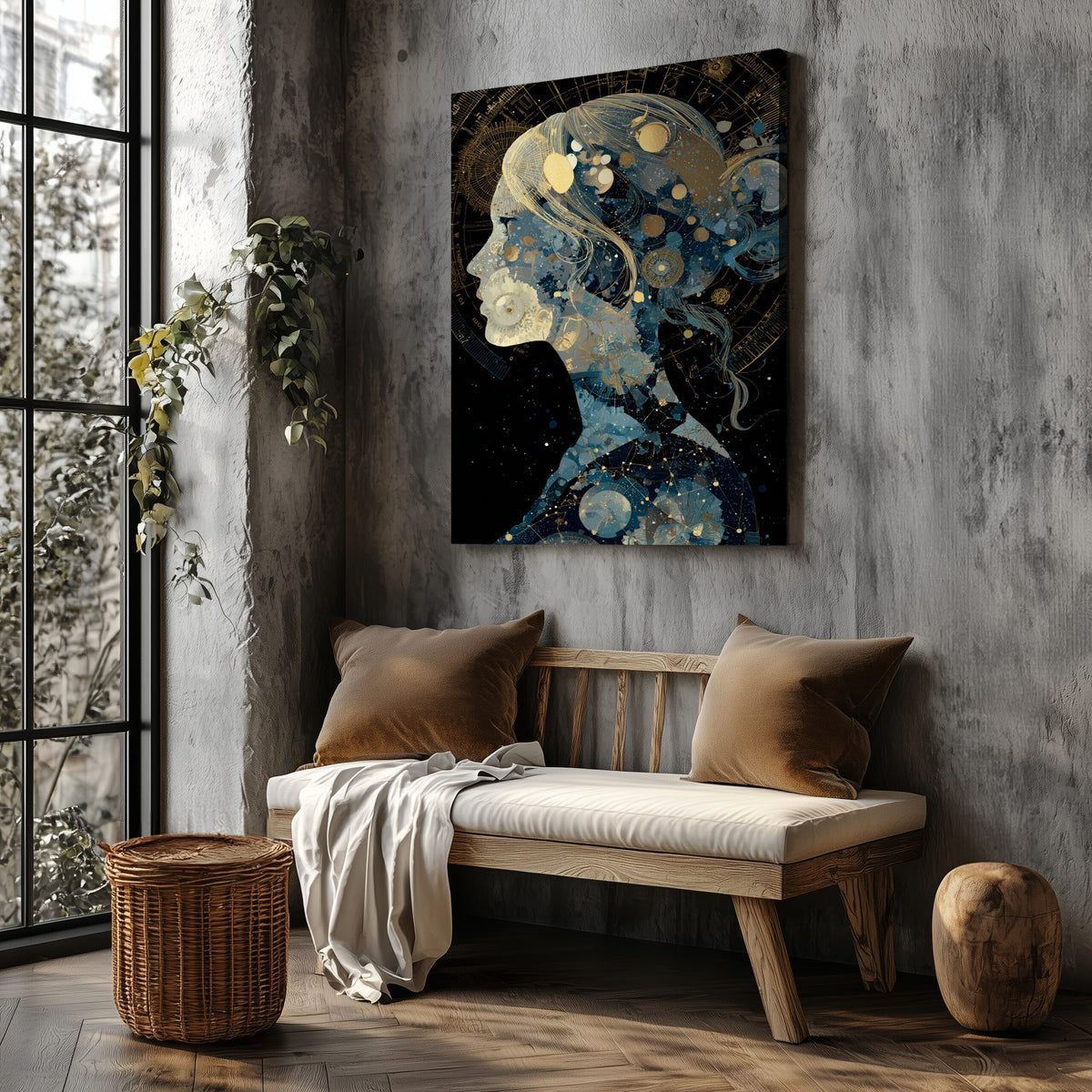 Celestial Woman Silhouette Canvas Art – styled room view 5