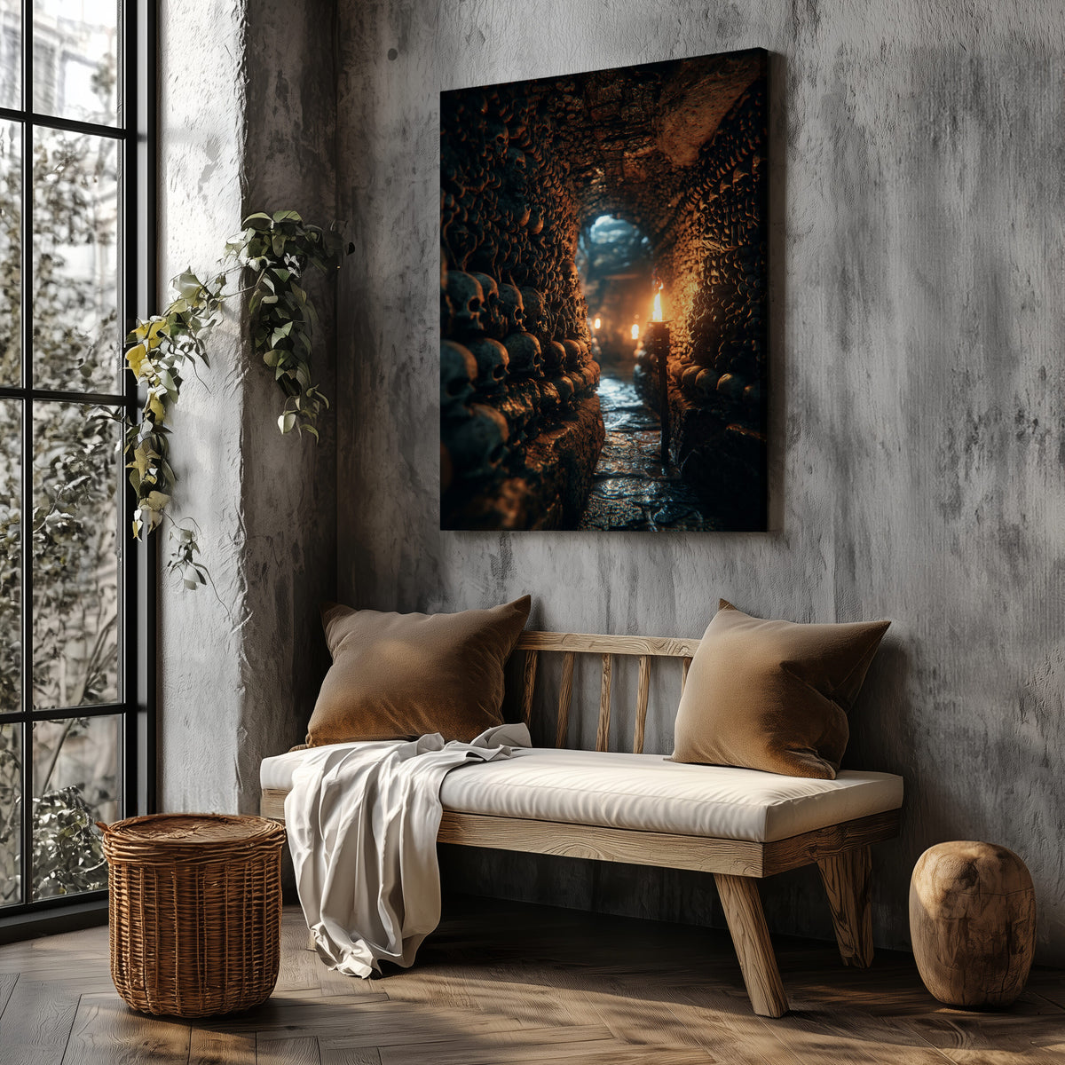 Dark Catacomb Canvas Wall Art – styled room view 4