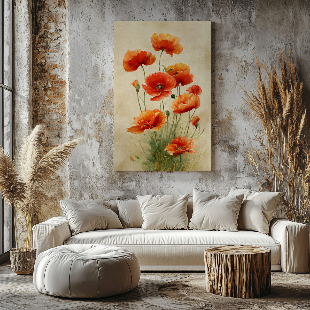 Red Poppy Watercolor Canvas Art – styled room view 5