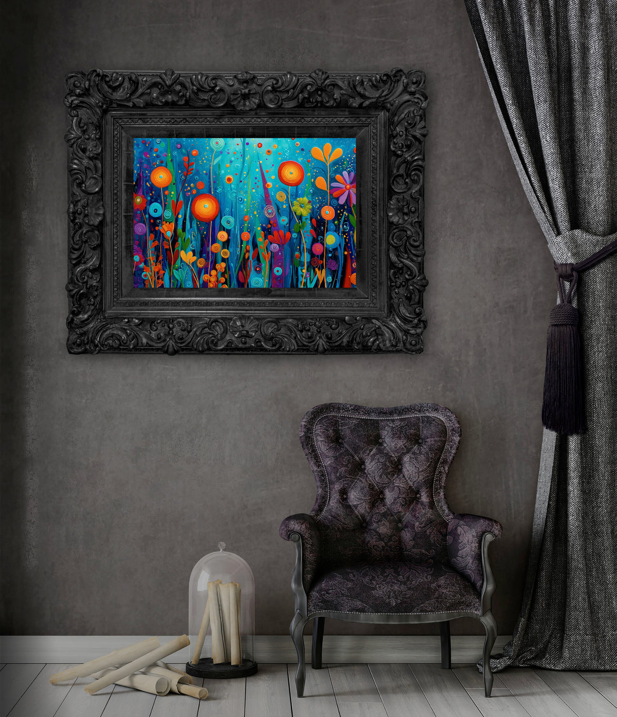 Colorful Abstract Garden Canvas Art – styled room view 6