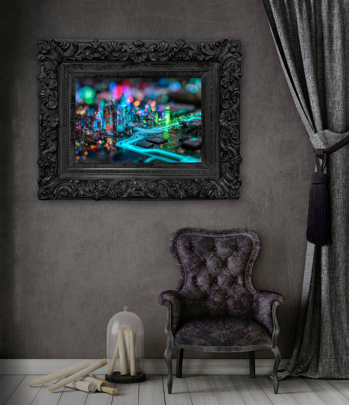 Cyberpunk Circuit Board Canvas Print – styled room view 7
