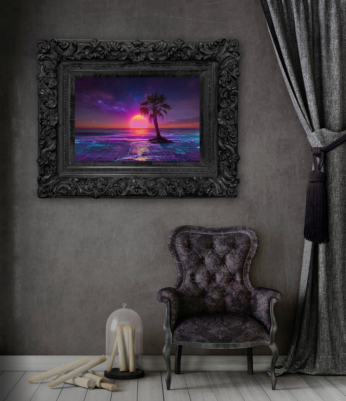 Synthwave Palm Beach Canvas Print – styled room view 5