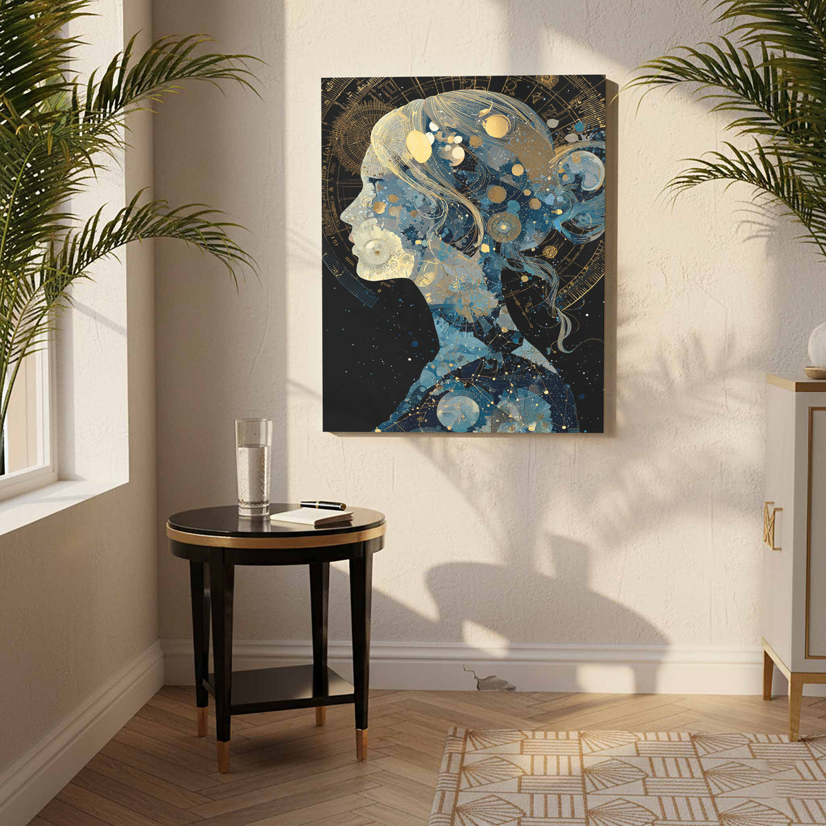 Celestial Woman Silhouette Canvas Art – styled room view 7
