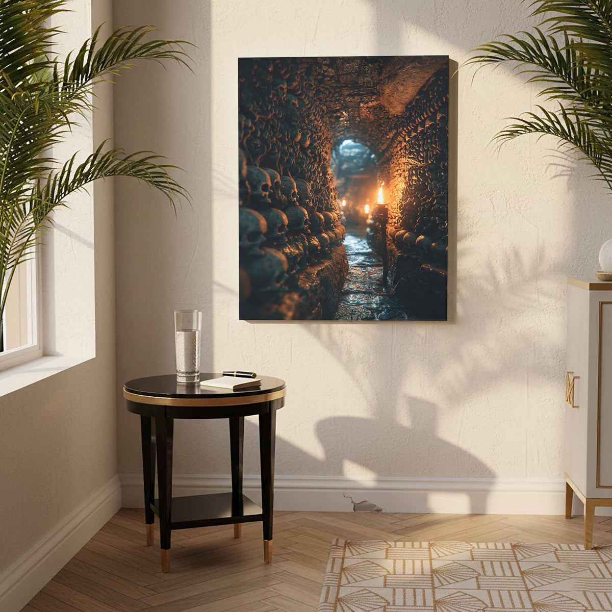 Dark Catacomb Canvas Wall Art – styled room view 5