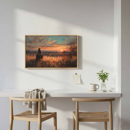 Western Cowboy Sunset Canvas Wall Art – styled room view 5
