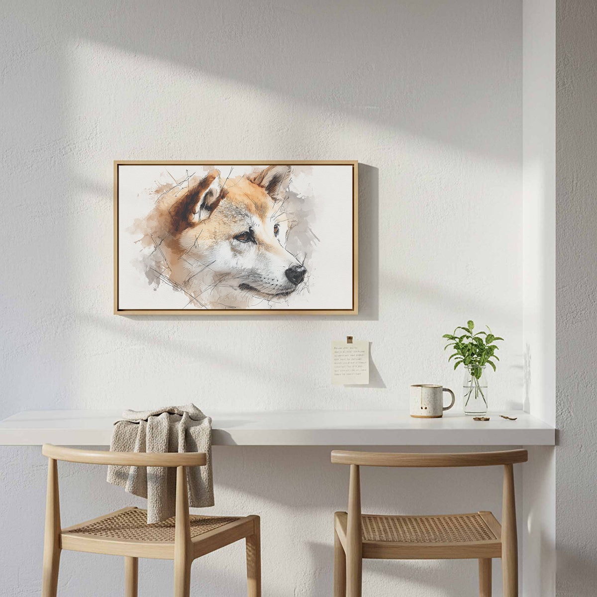 Shiba Inu Watercolor Canvas Print – styled room view 6