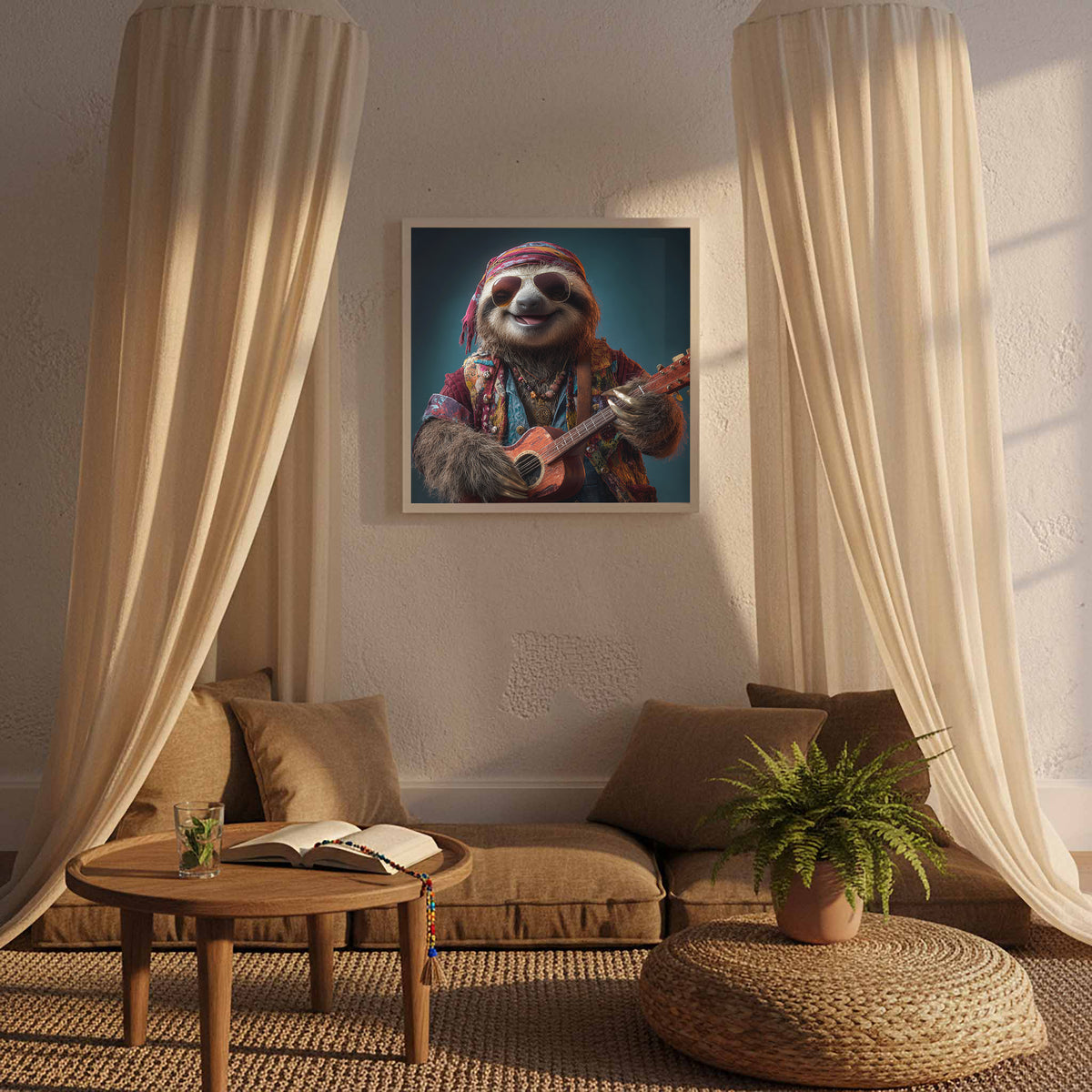 Hippie Sloth Guitar Canvas Art – styled room view 6