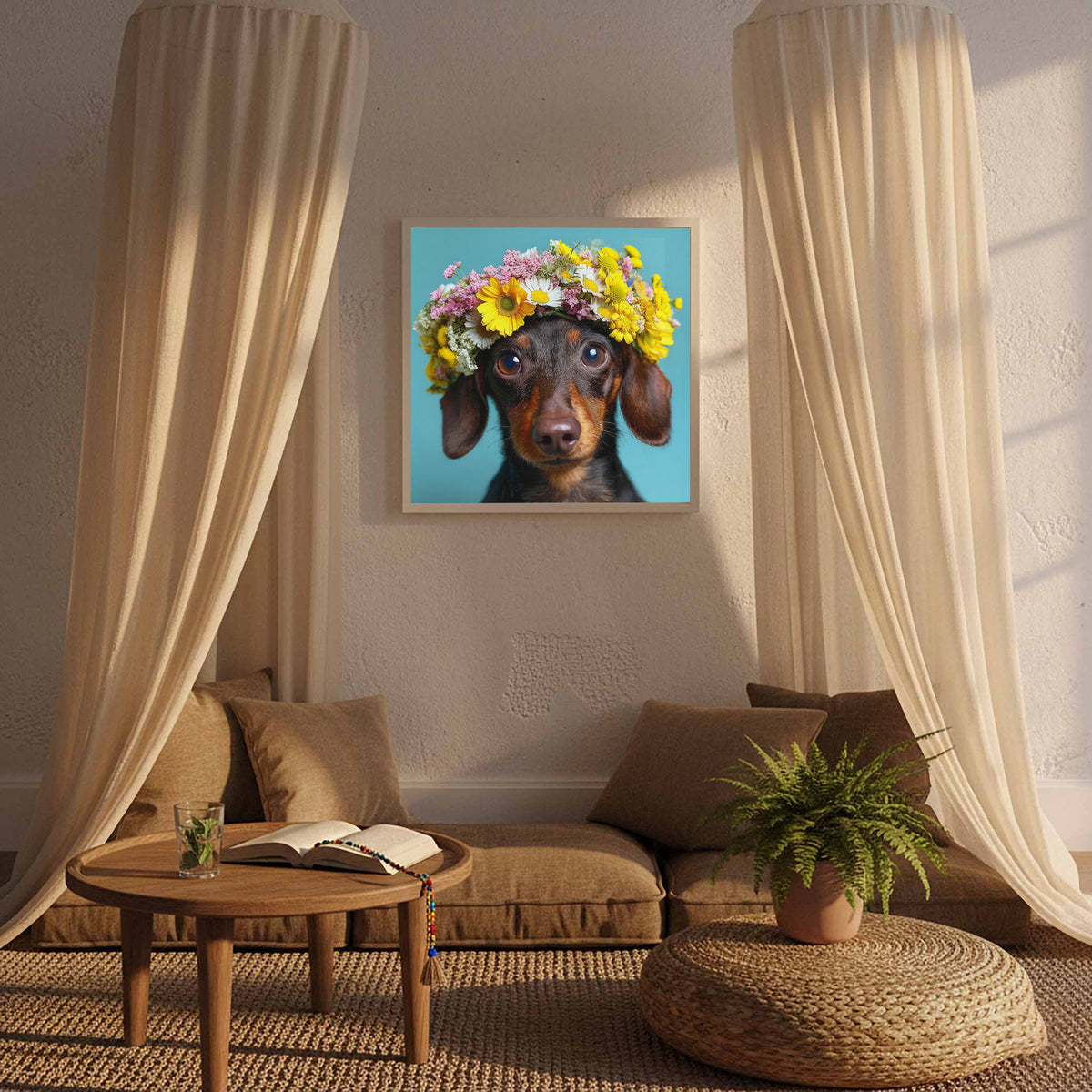 Dachshund Flower Crown Canvas Print – styled room view 6