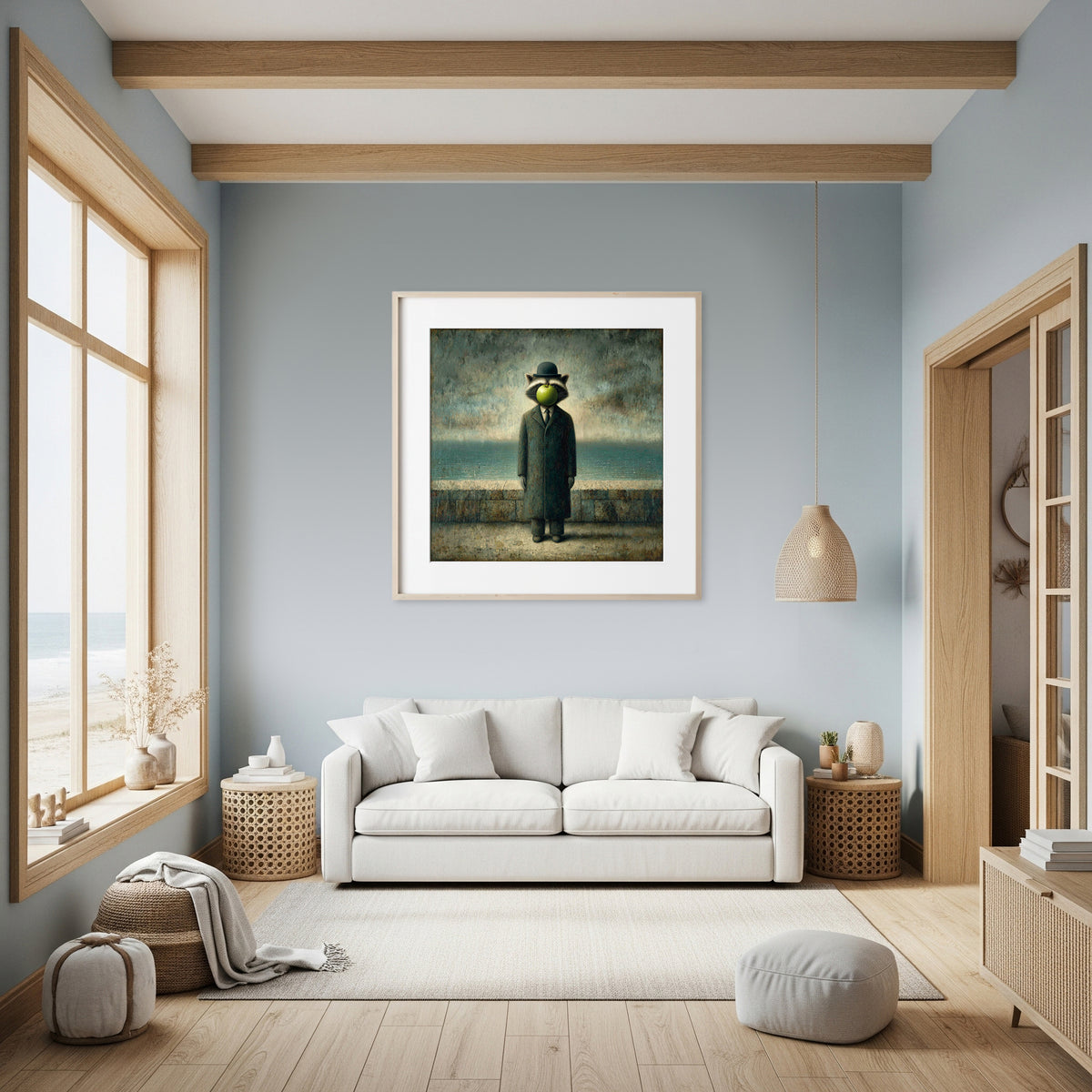 Surreal Raccoon Canvas Art – styled room view 6
