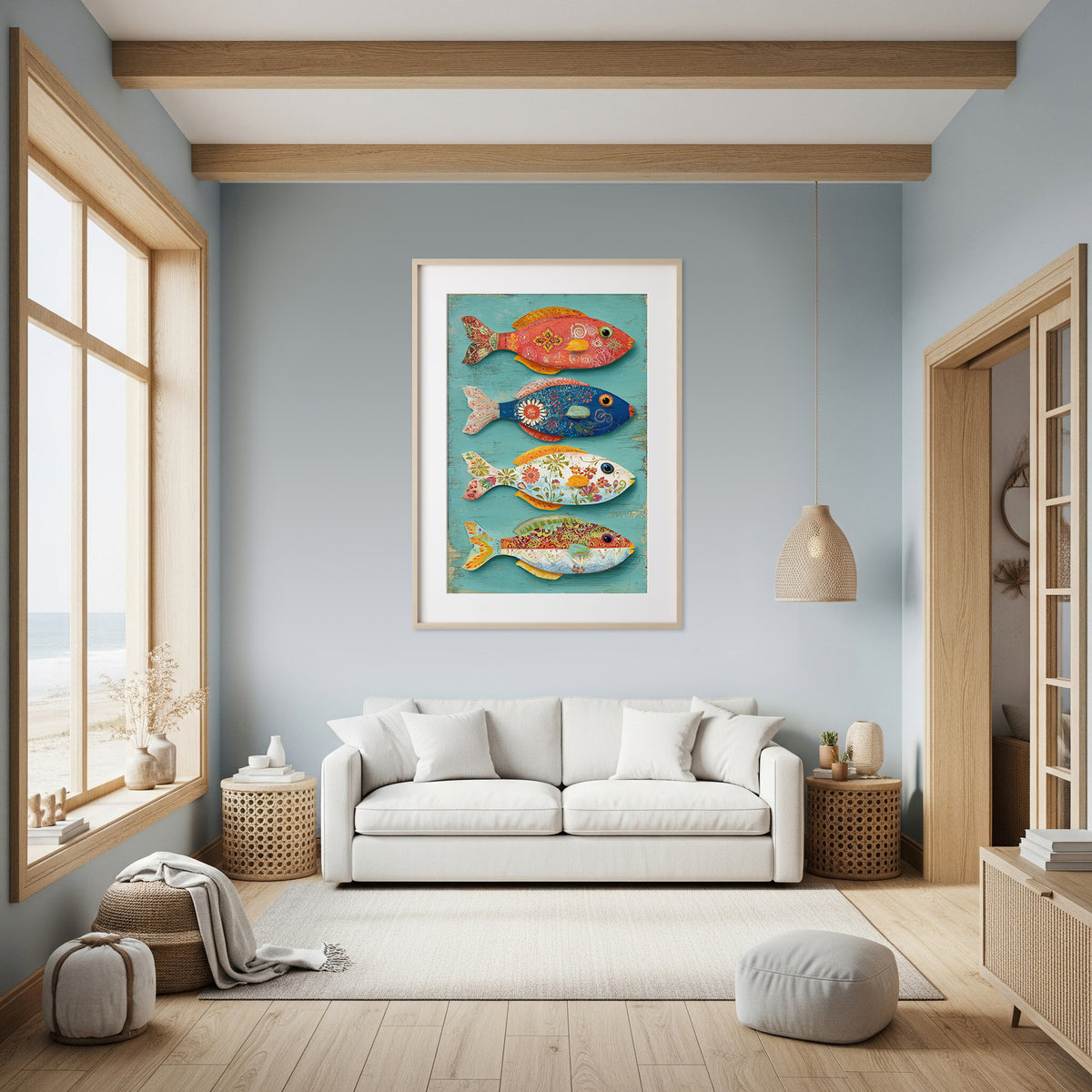 Colorful Folk Art Fish Wall Print – styled room view 6
