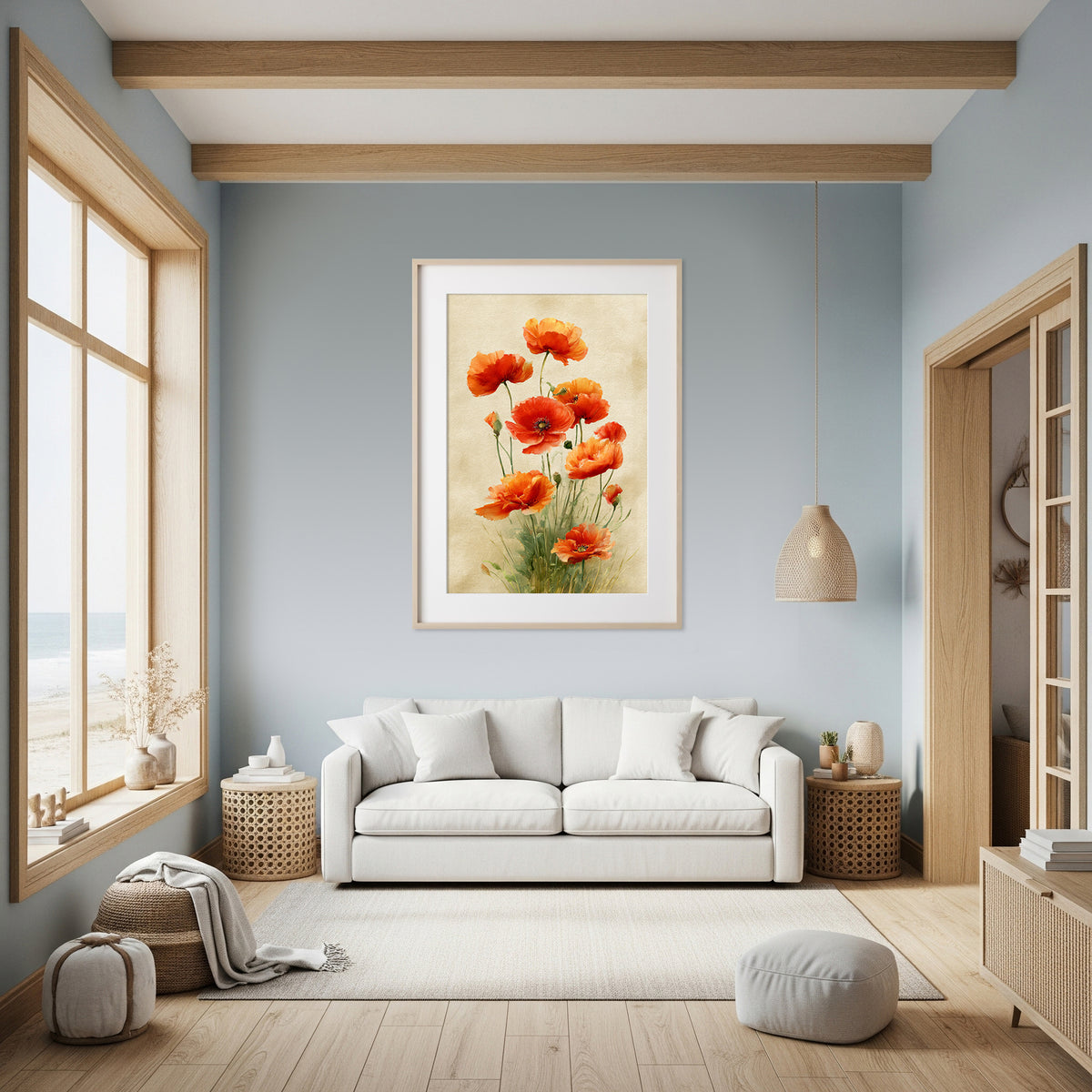 Red Poppy Watercolor Canvas Art – styled room view 6