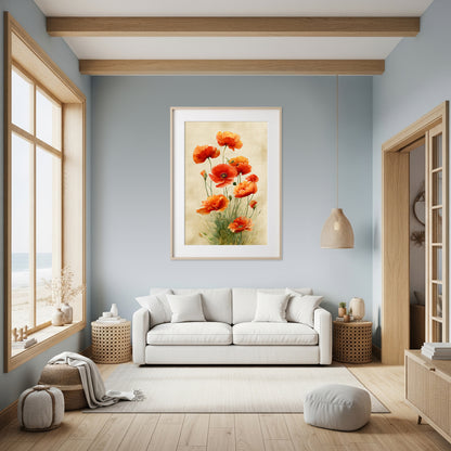 Red Poppy Watercolor Canvas Art – styled room view 6