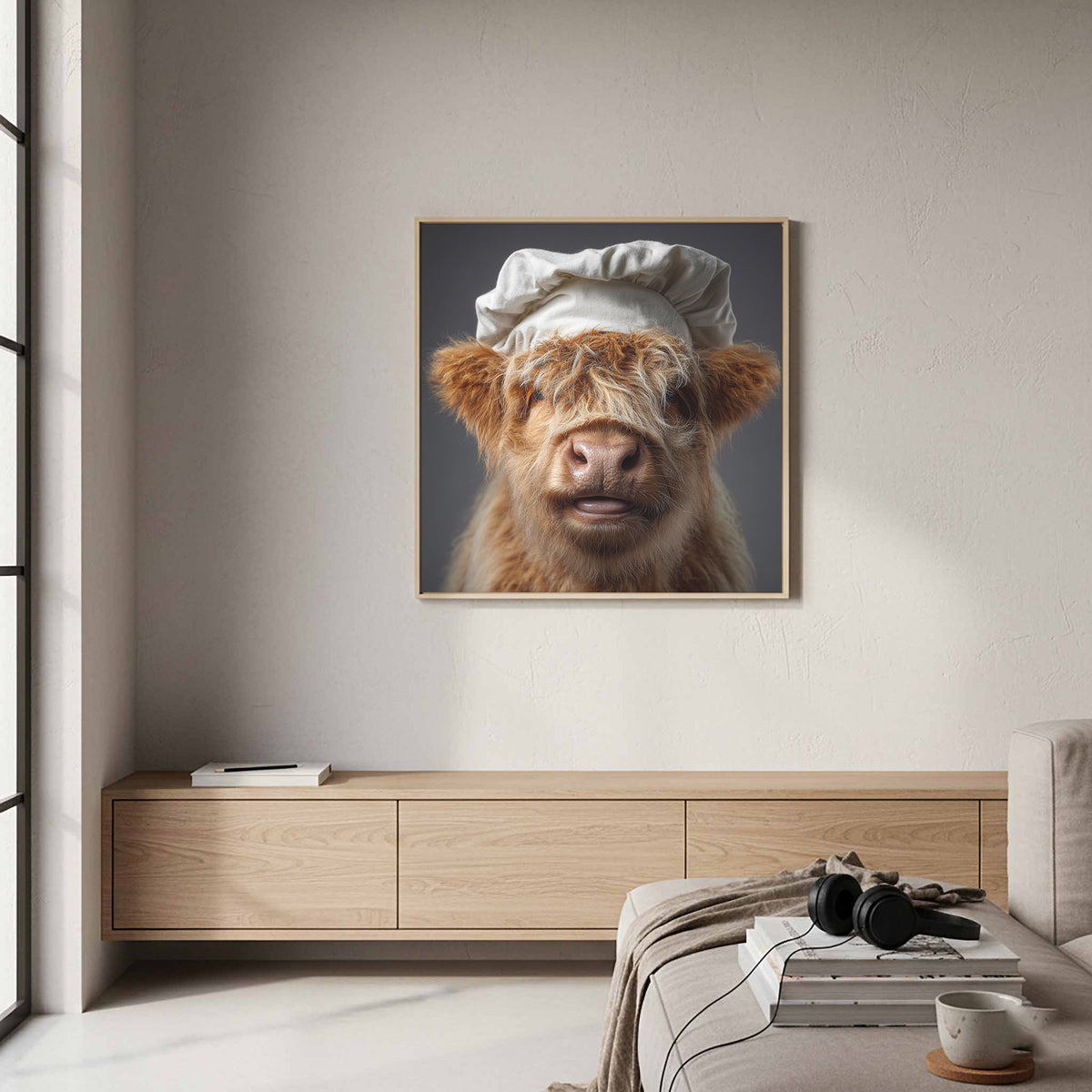 Highland Cow Chef Canvas Print – styled room view 6