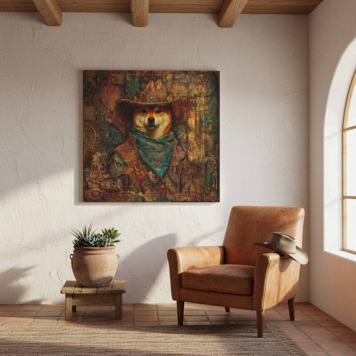 Western Cowboy Shiba Inu Canvas Print – styled room view 6