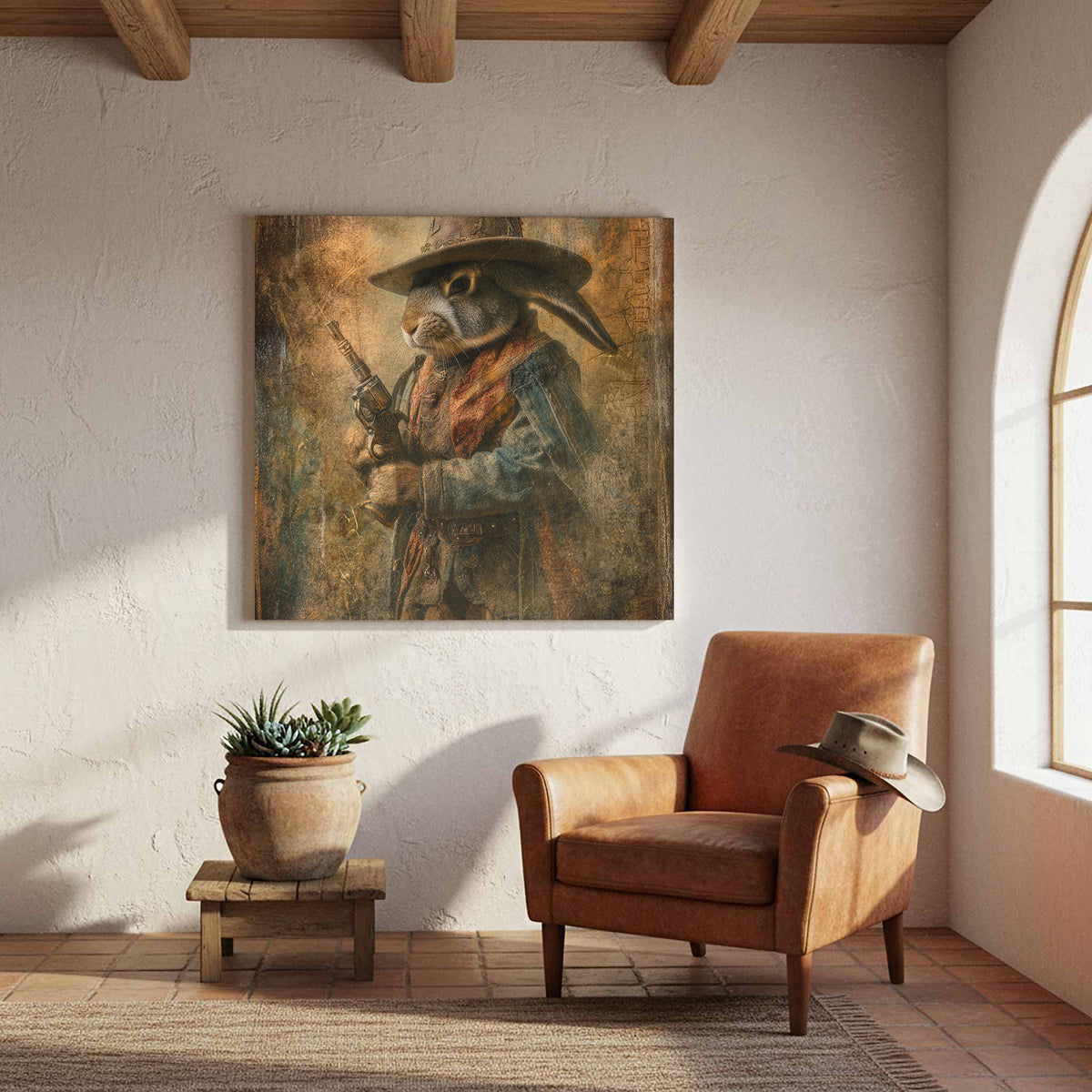 Western Cowboy Rabbit Canvas Wall Art – styled room view 6