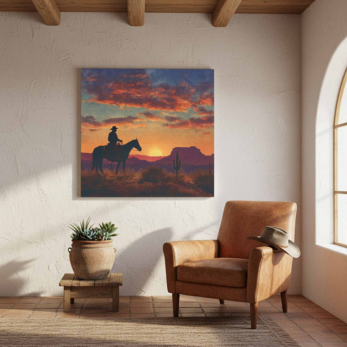 Western Cowboy Silhouette Canvas Art – styled room view 6