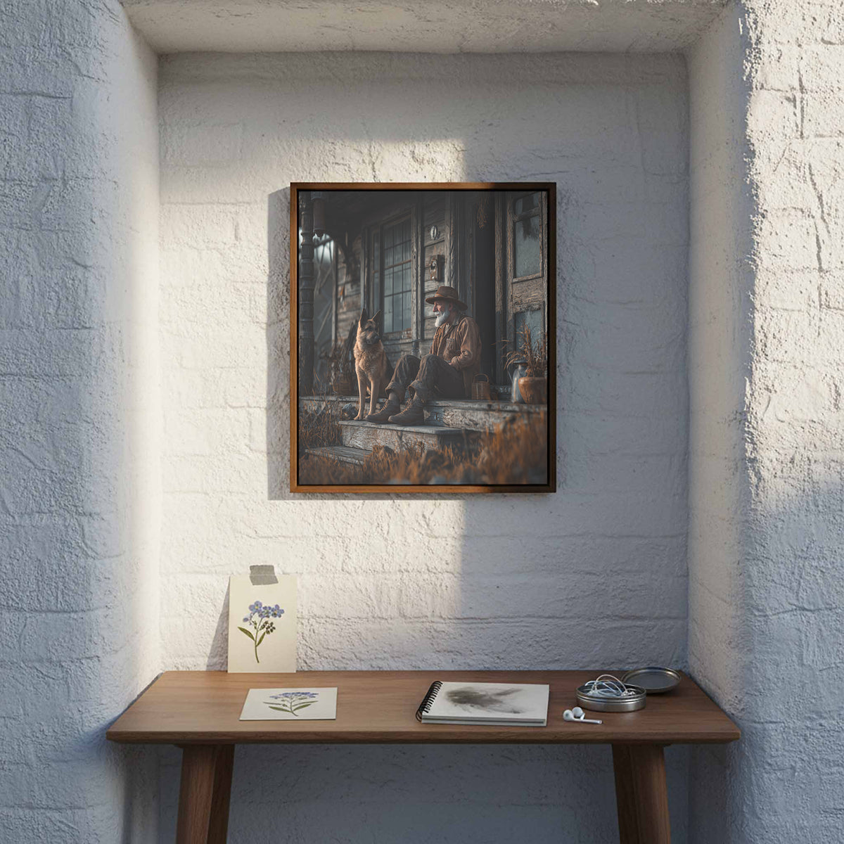 Old Man and Dog Porch Canvas Print – styled room view 7