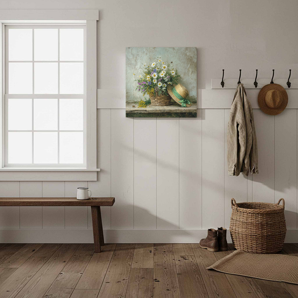 Rustic Wildflower Basket Canvas Art – styled room view 6