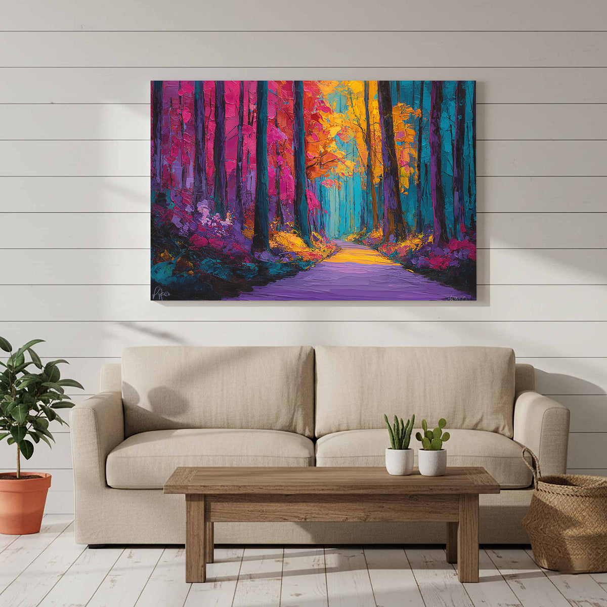Abstract Forest Path Canvas Art – styled room view 6