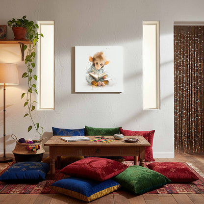 Baby Monkey Reading Wall Art – styled room view 7